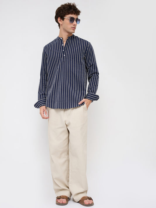 Luxe Coastal Navy Motif Embroidered Striped Kurta