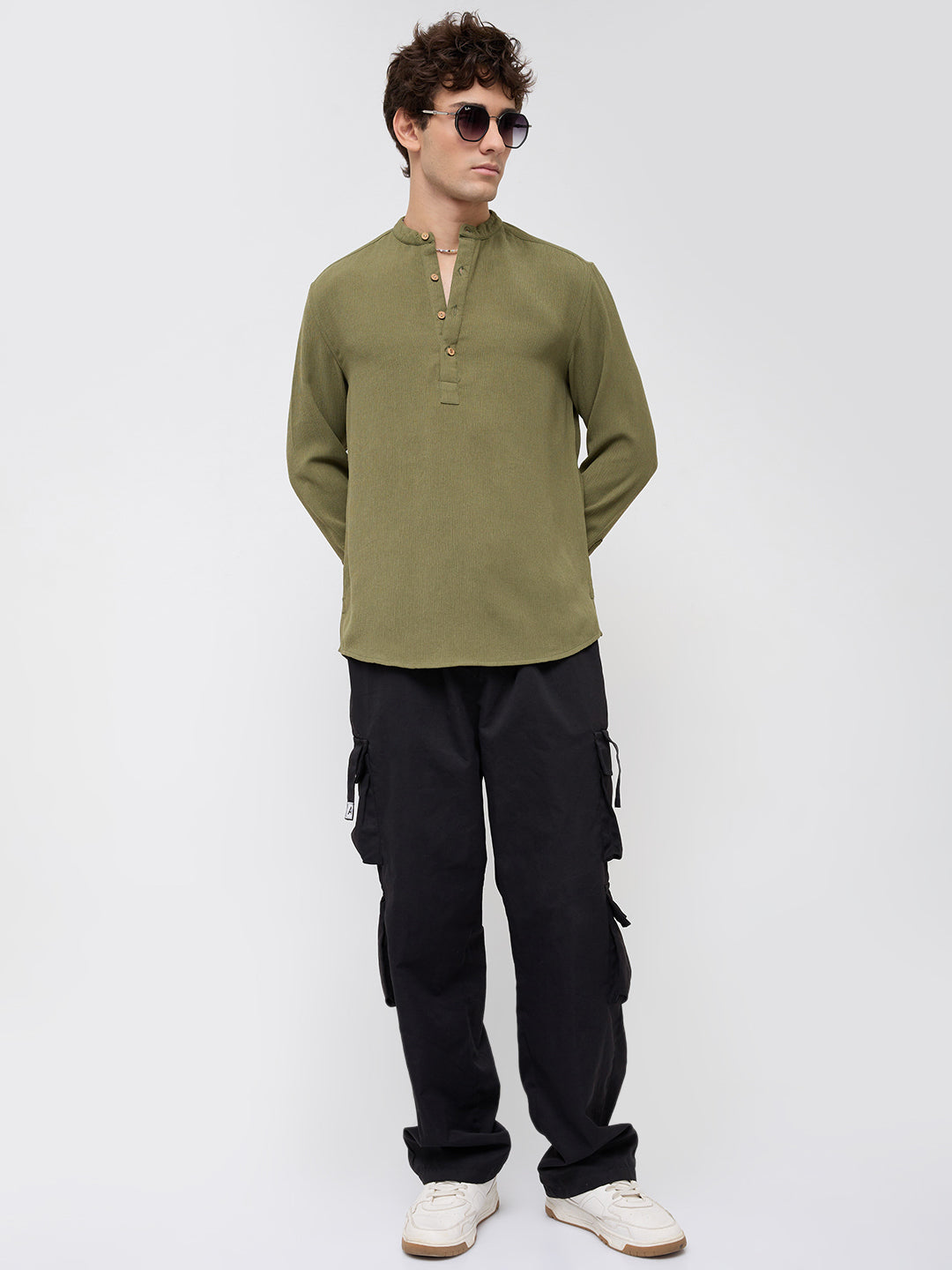 Olive Green Crepe Textured Kurta