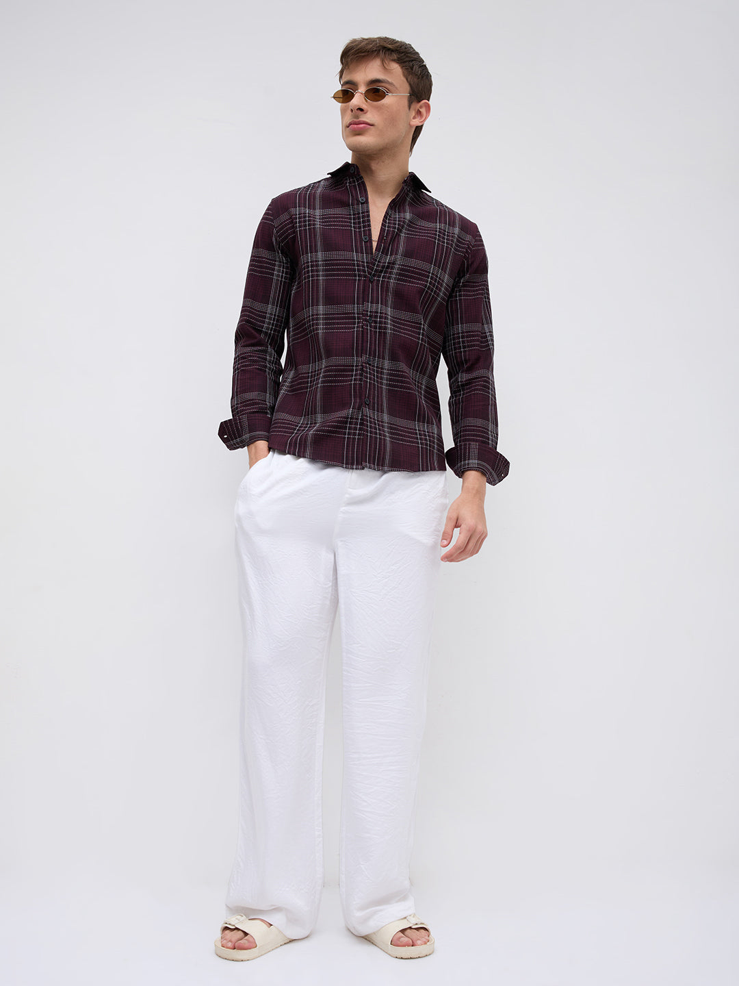 Refined Maroon & White Contrast Checks Shirt