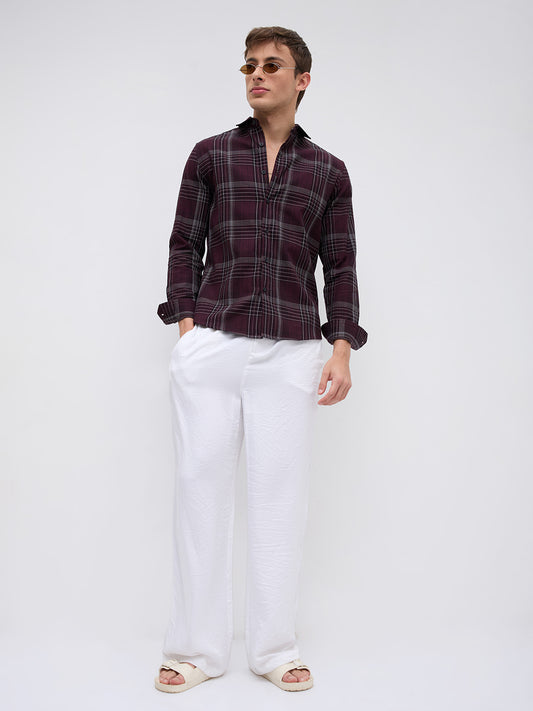 Refined Maroon & White Contrast Checks Shirt