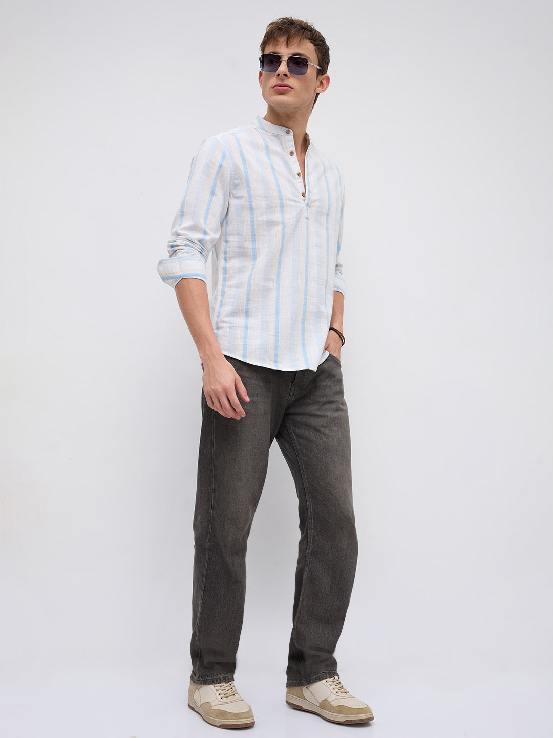 Blue Haze & Grey Vertical Stripe Kurta