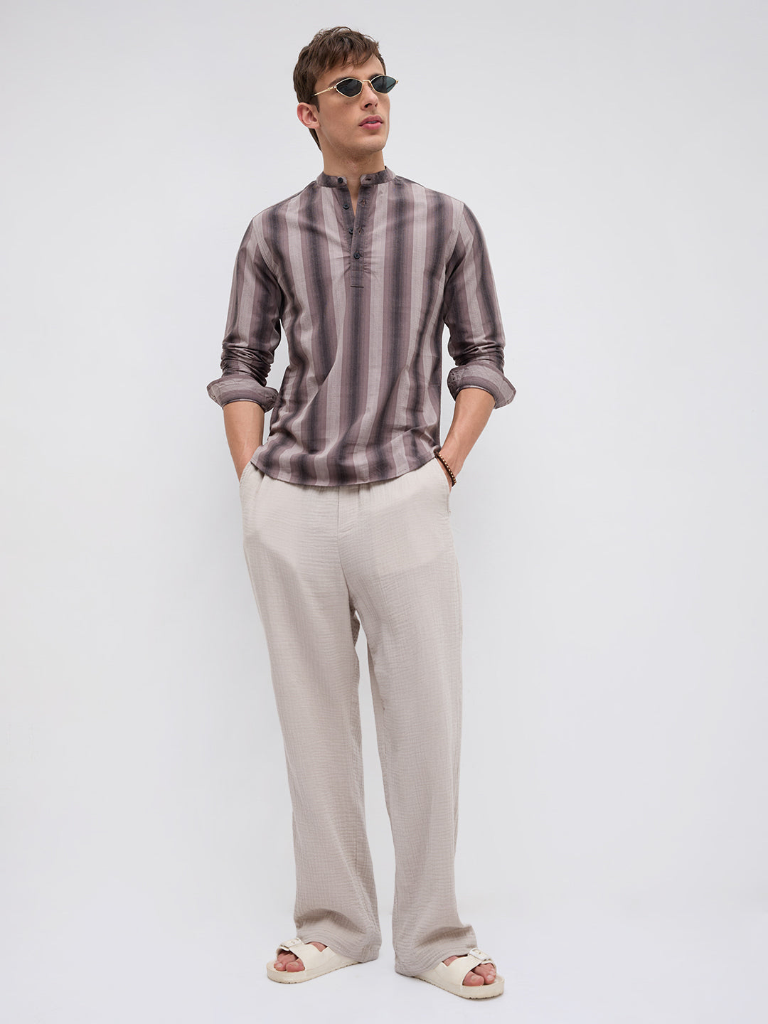 Ash Brown Multi Stripes Essential Kurta