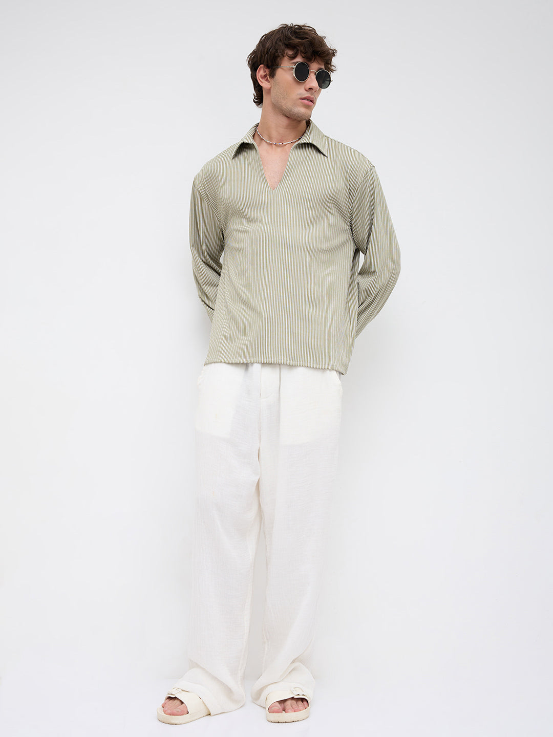 Classic Green Rib Striped Oversized Polo Shirt