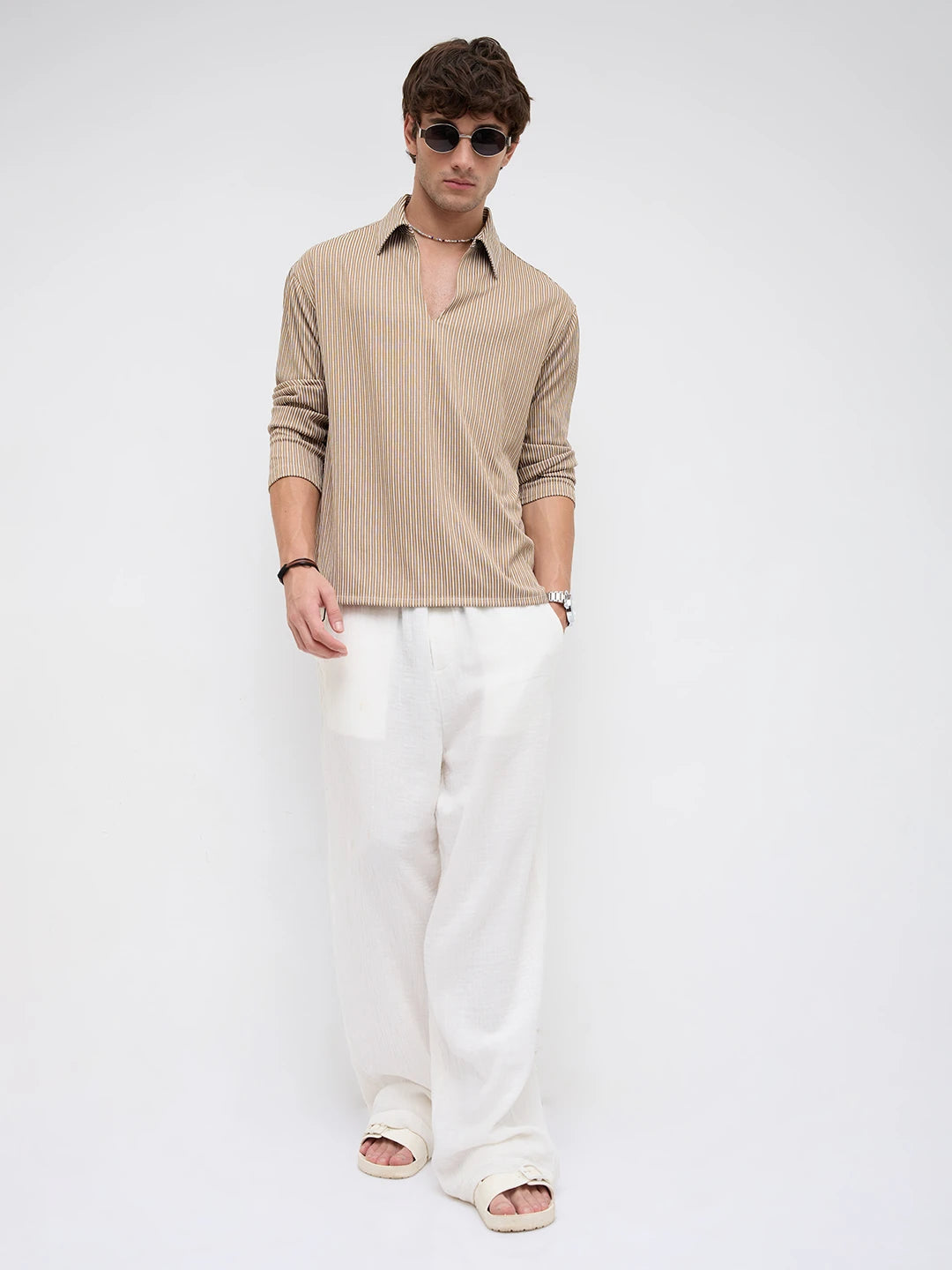 Signature Chocolate Ivory Rib Striped Oversized Polo Shirt