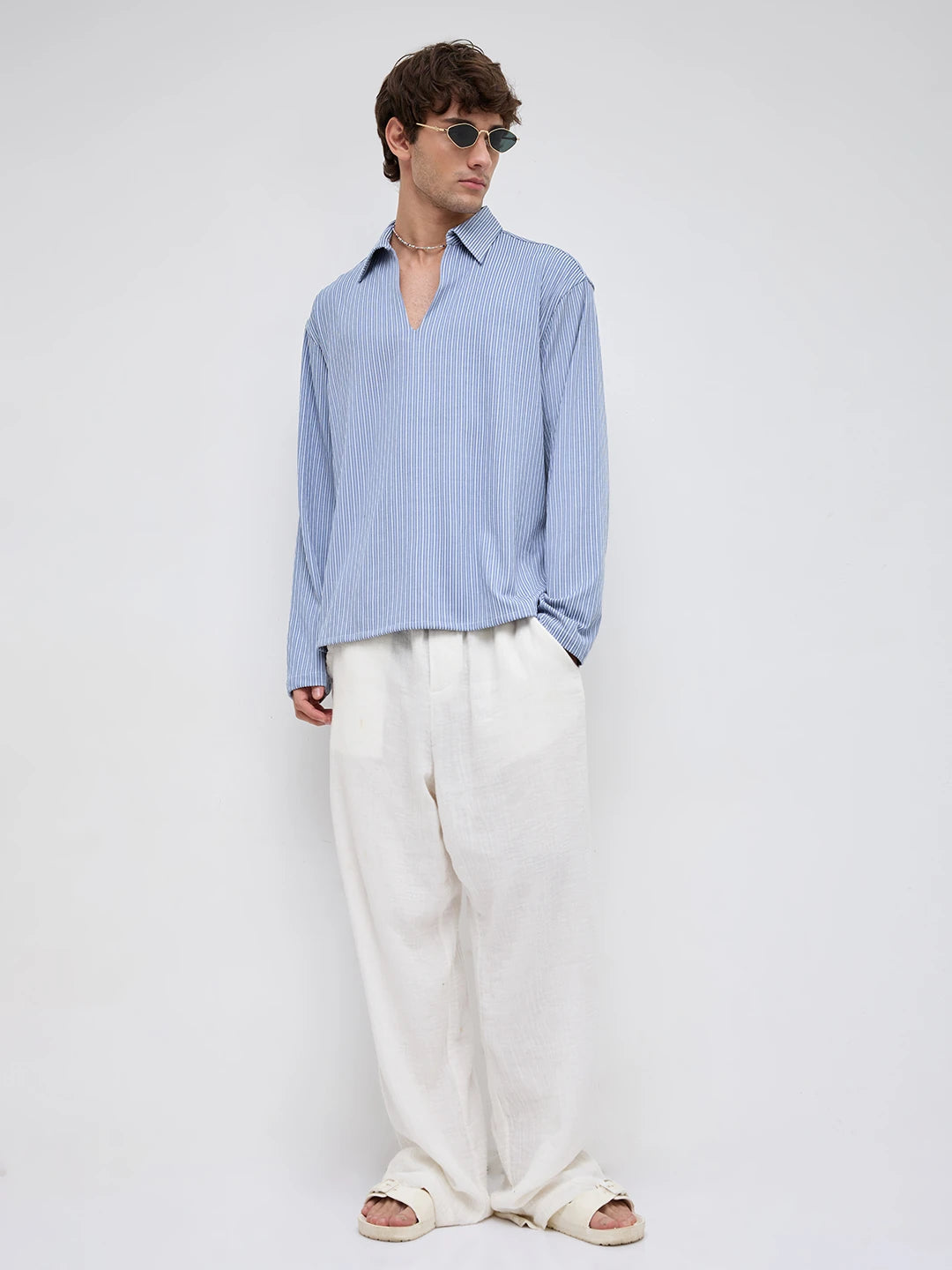 Classic Slate Blue Rib Striped Oversized Polo Shirt