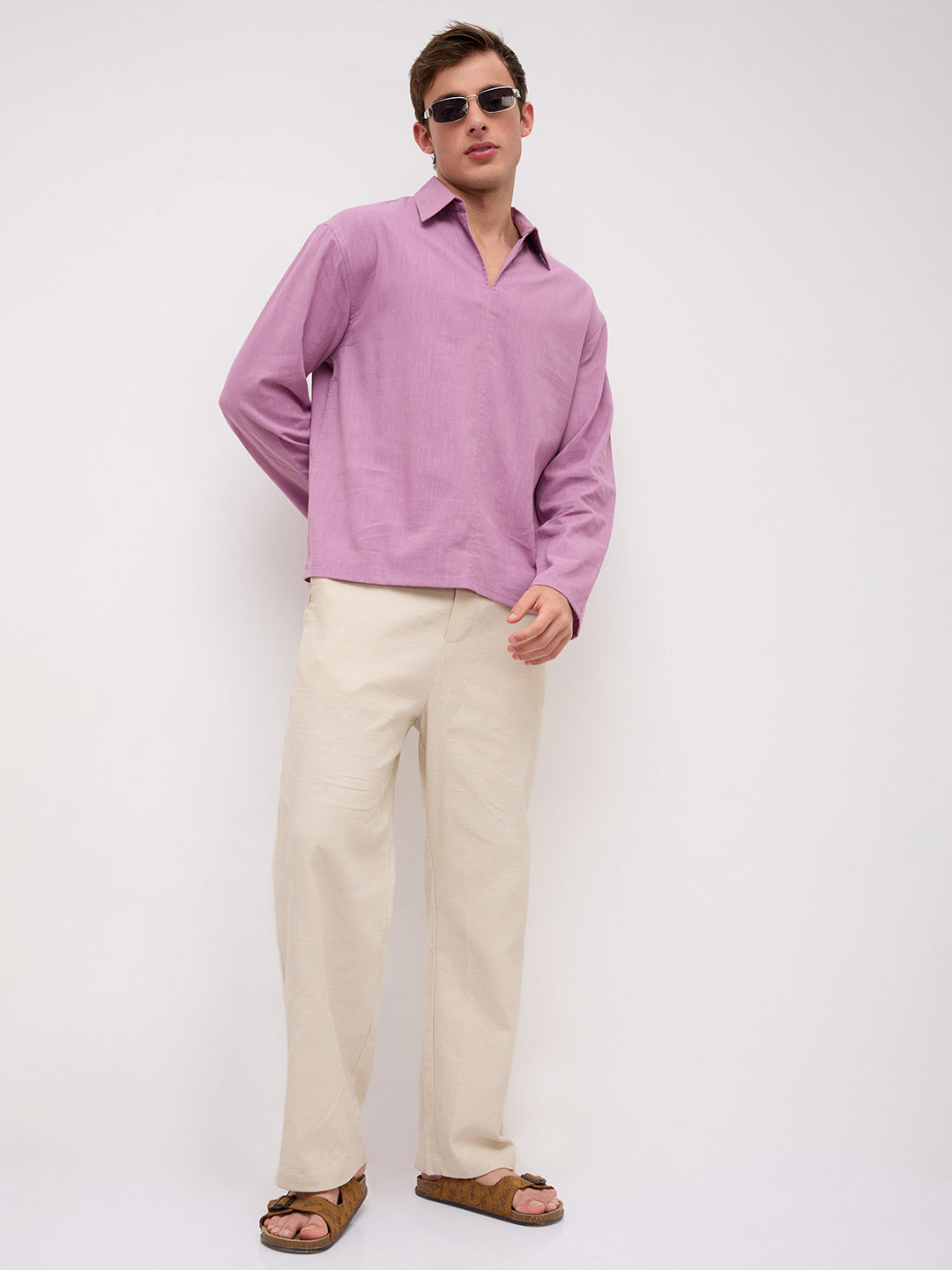 Dusty Rose Pink Slub Textured Center Seam Oversized Polo Shirt
