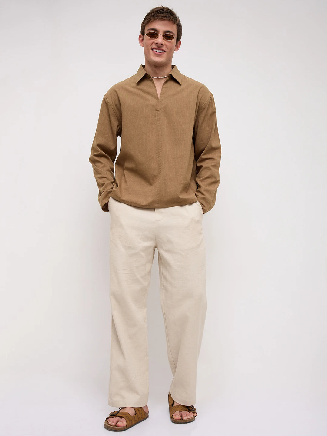 Khaki Slub Textured Center Seam Oversized Polo Shirt