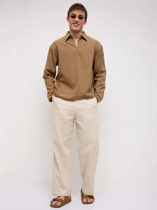 Khaki Slub Textured Center Seam Oversized Polo Shirt
