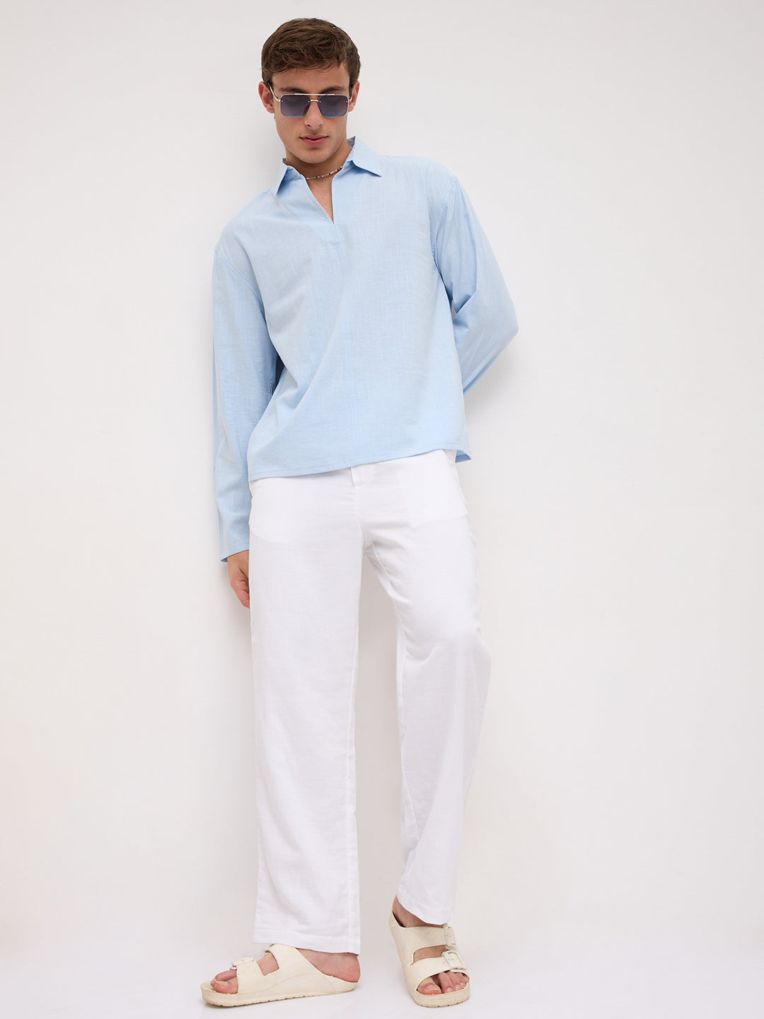 Refreshing Blue Slub Textured Center Seam Oversized Polo Shirt