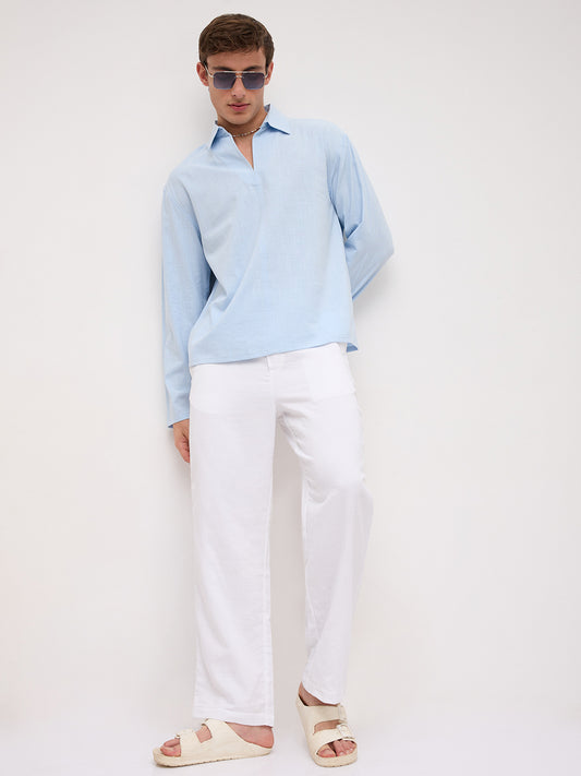 Refreshing Blue Slub Textured Center Seam Oversized Polo Shirt