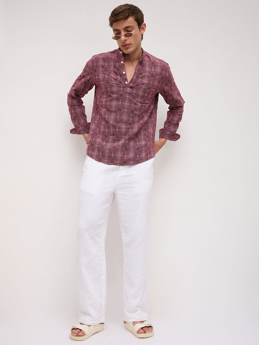 Maroon Glitch Micro Check Textured Matrix Everyday Kurta