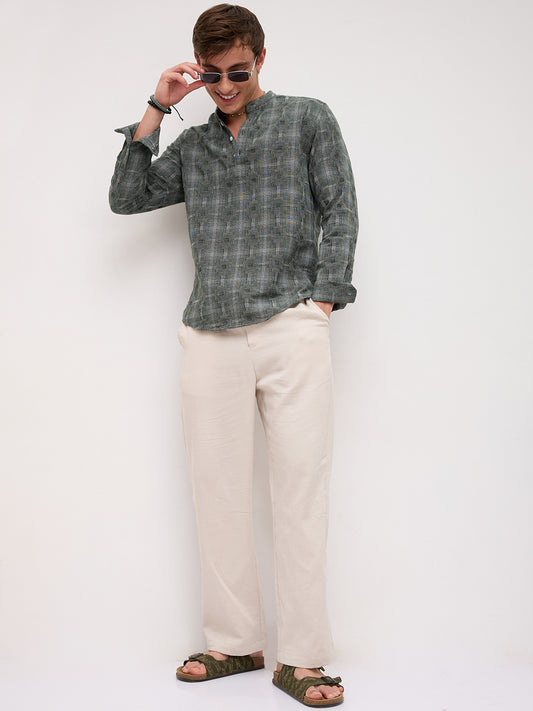 Green Glitch Micro Check Textured Matrix Everyday Kurta