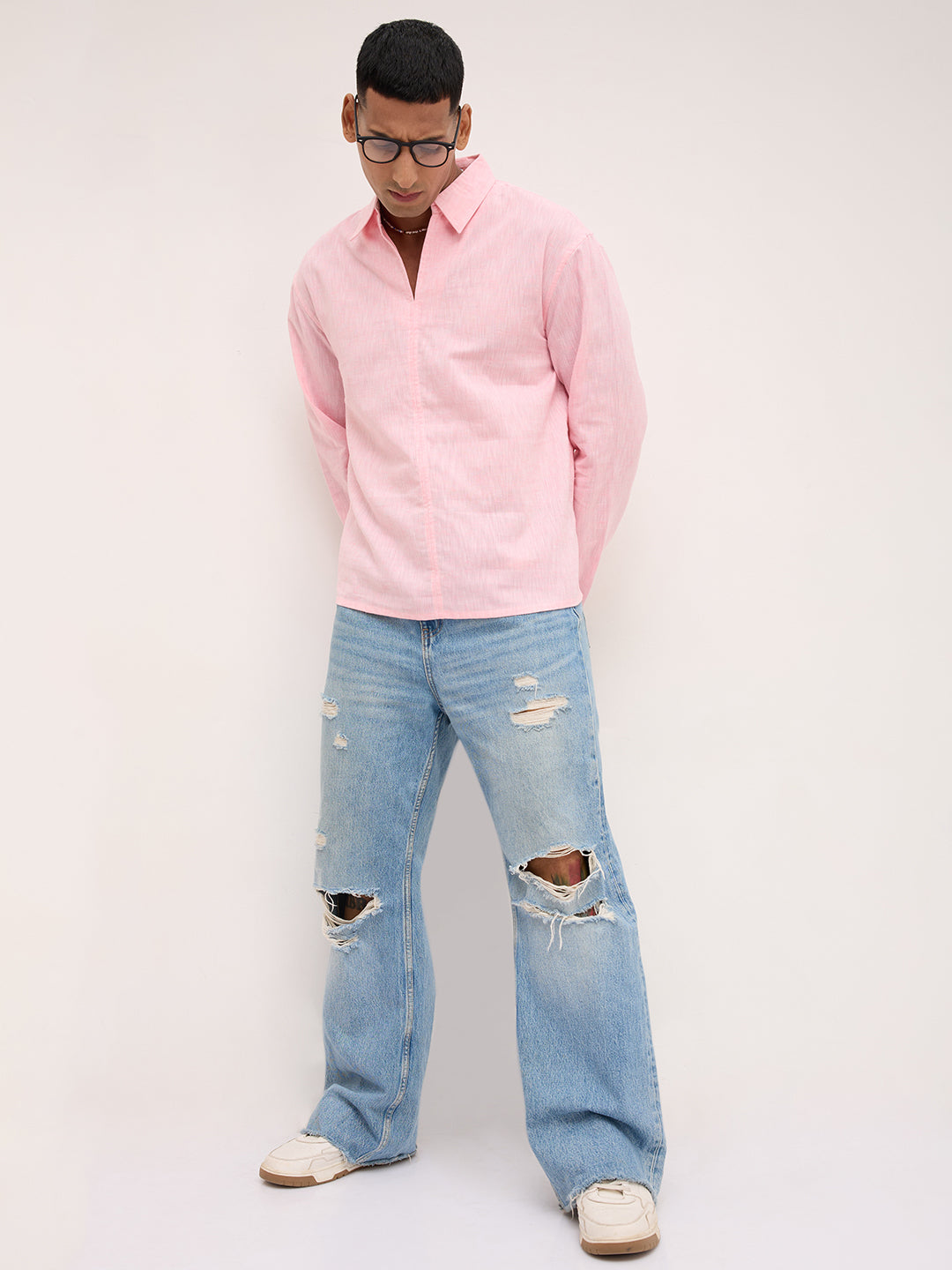 Soft Pink Textured Center Seam Oversized Polo Shirt