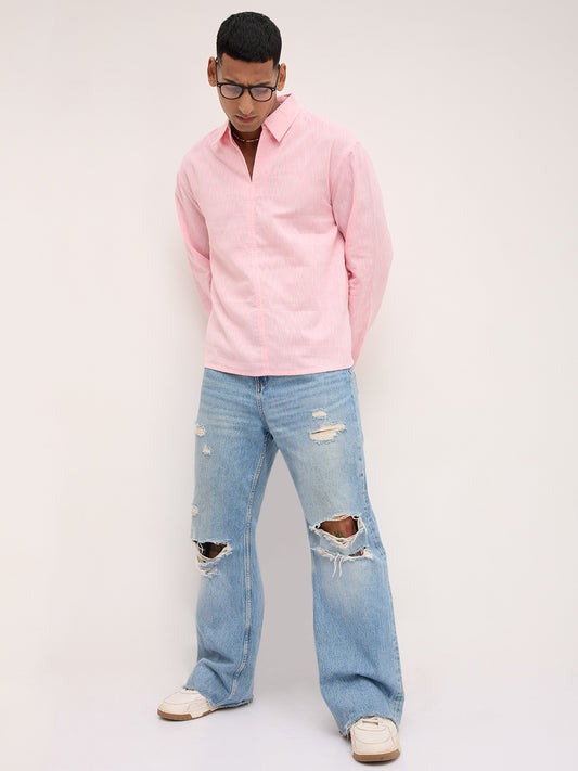 Soft Pink Textured Center Seam Oversized Polo Shirt