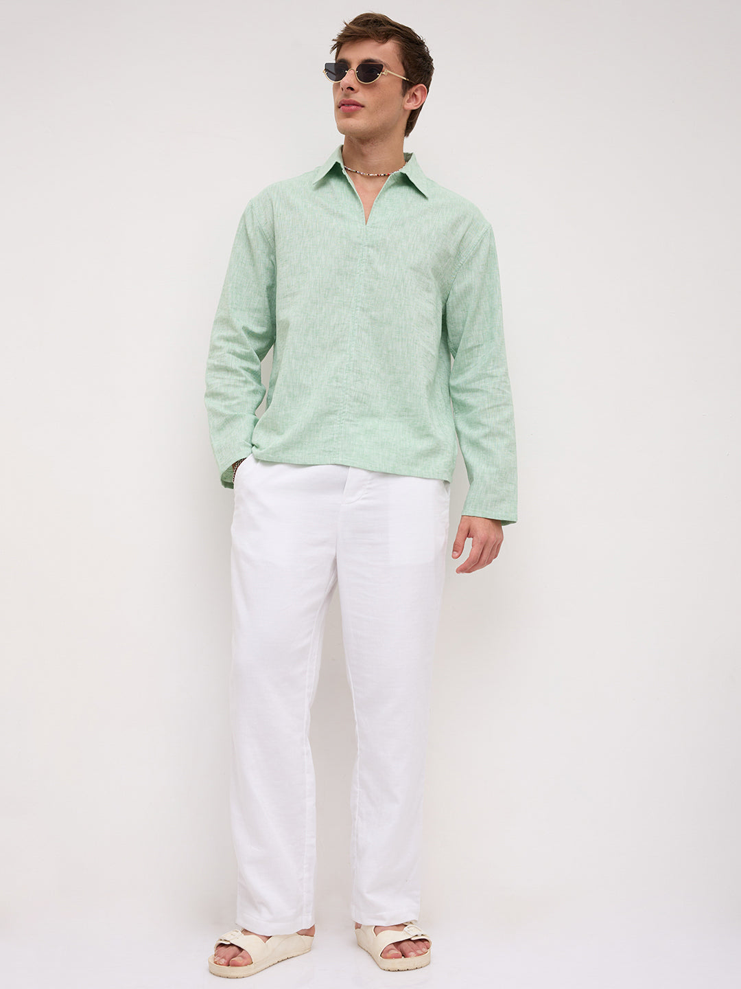 Seafoam Green Melange Textured Center Seam Oversized Polo Shirt