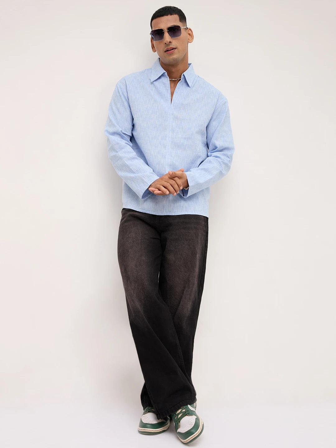 Soft Blue Textured Center Seam Oversized Polo Shirt