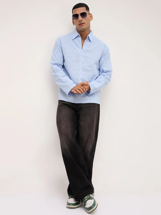 Soft Blue Textured Center Seam Oversized Polo Shirt
