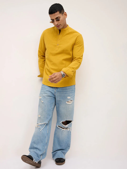 Luxe Mustard Yellow Seersucker Striped Kurta
