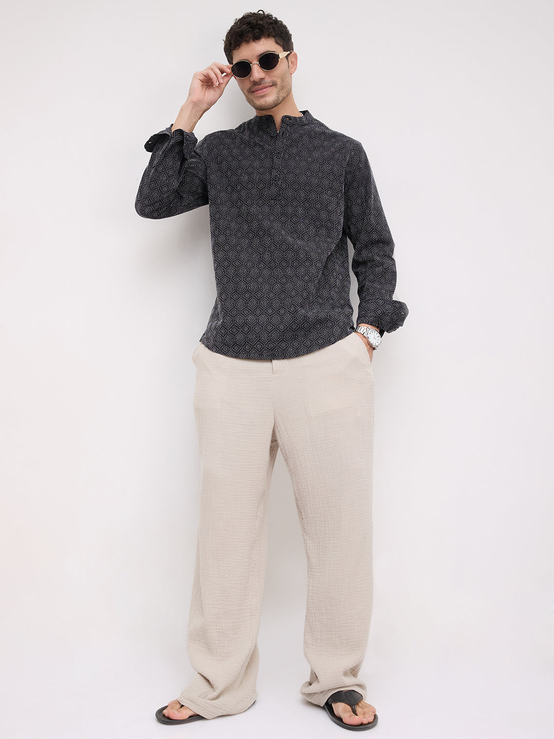 Distinguished Black Contrast Hexagon Textured Kurta