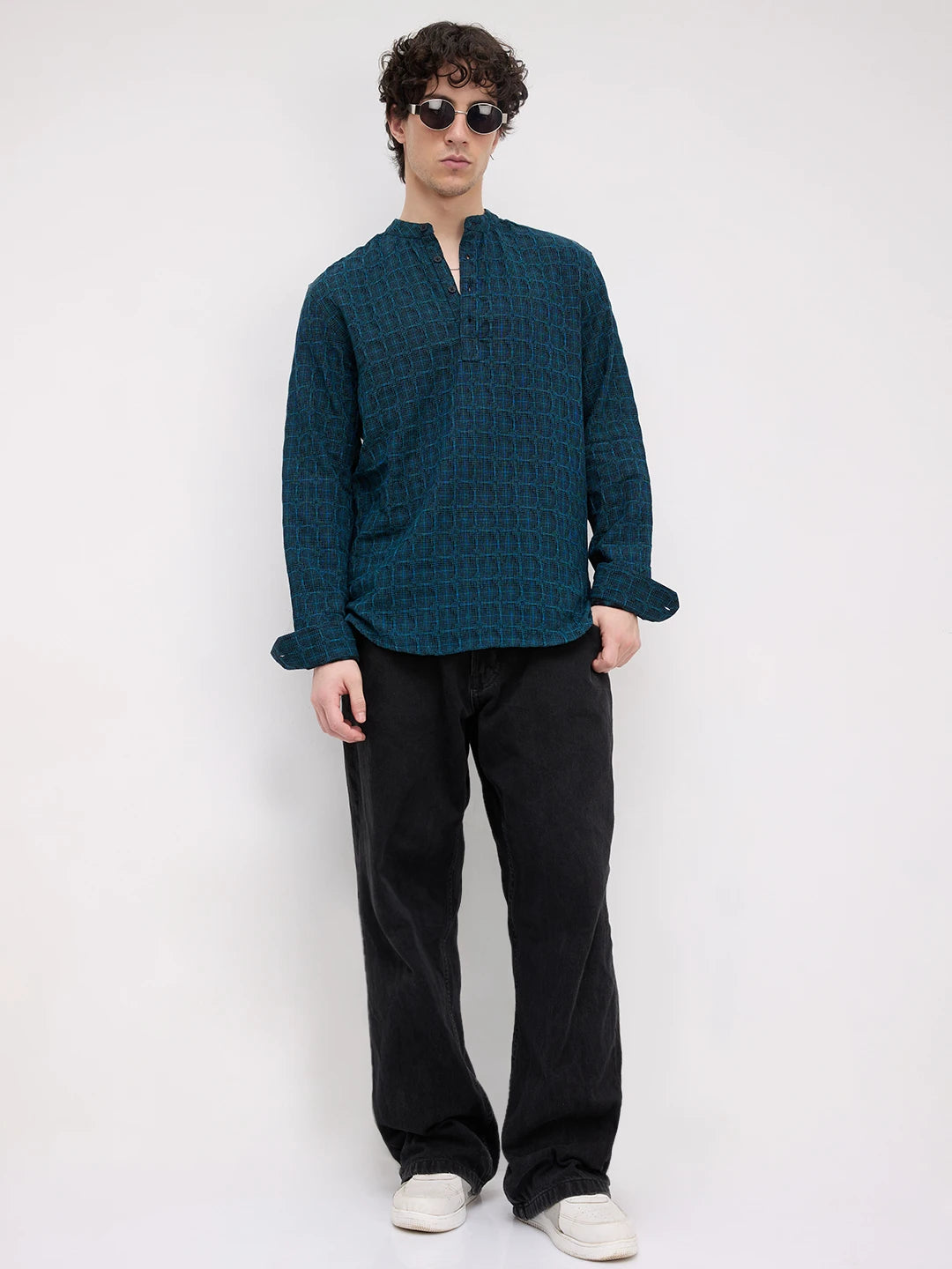 Rich Architectural Weave Teal Checks Kurta