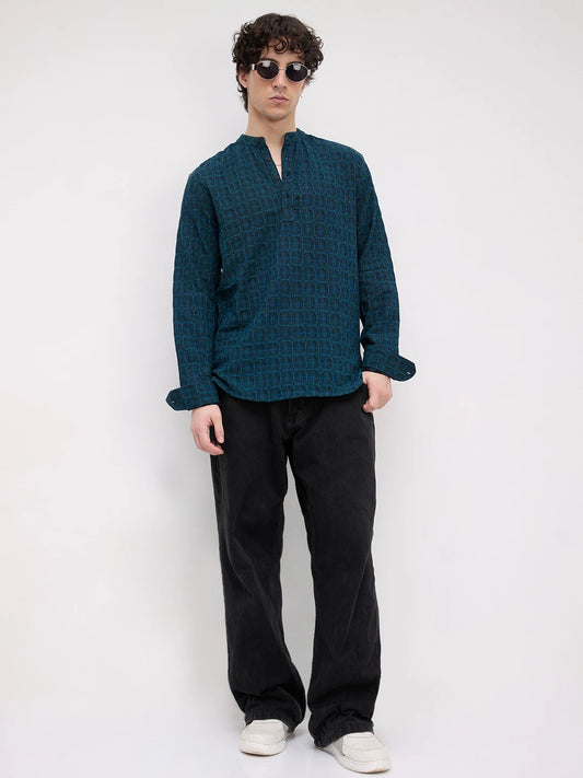 Rich Architectural Weave Teal Jacquard Kurta