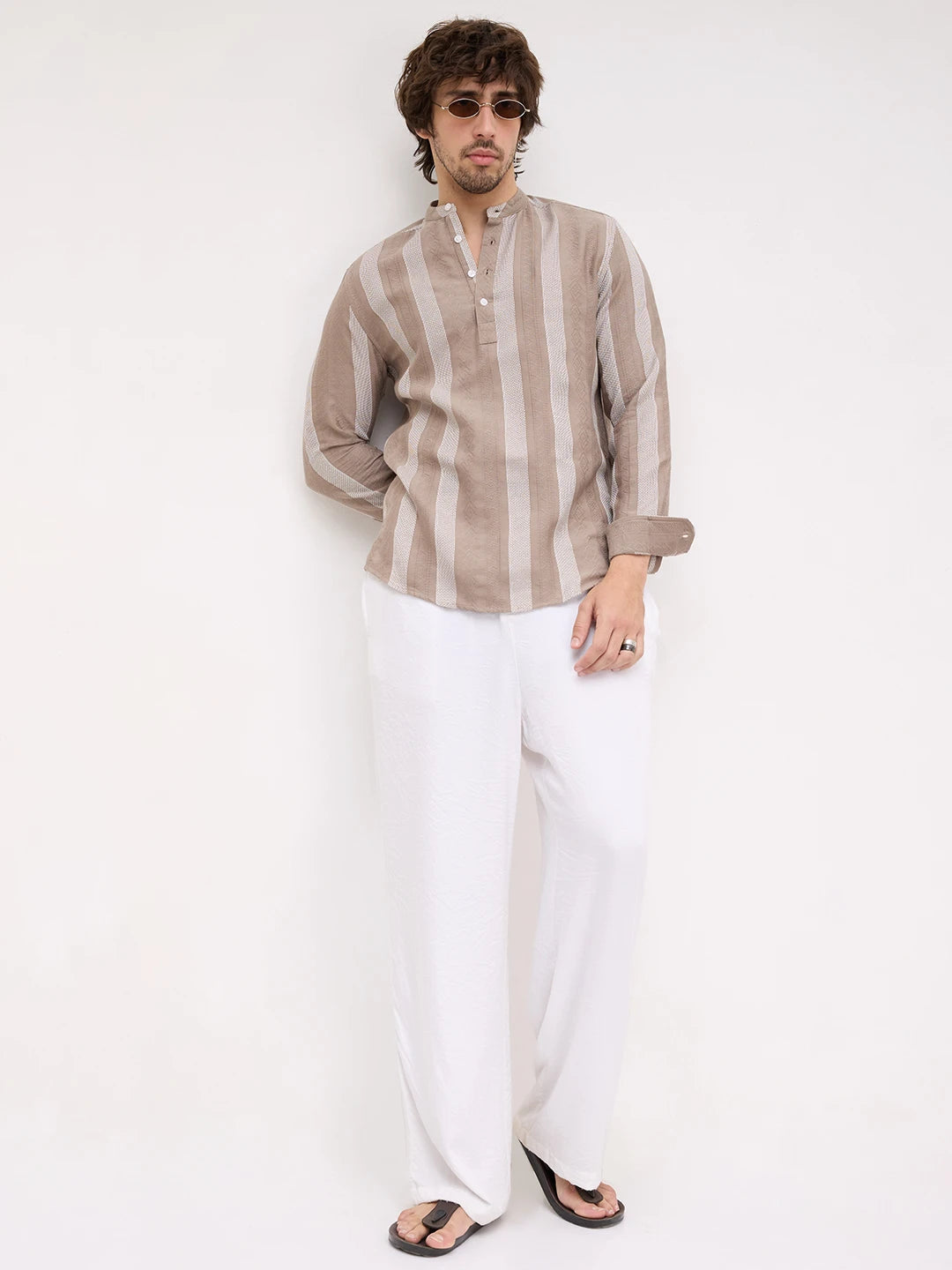 British Khaki Artisan Contrast Loom Striped Kurta
