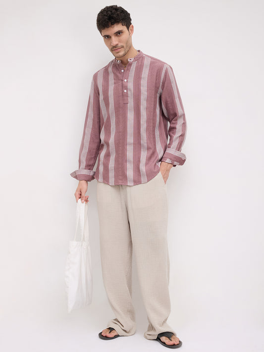 Dusty Mauve Artisan Contrast Loom Striped Kurta