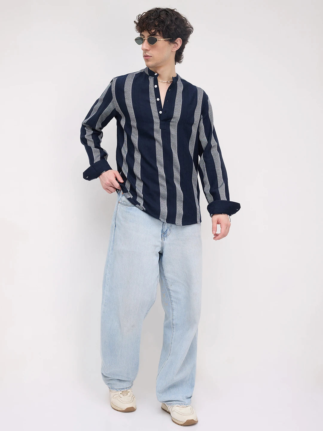 Twilight Navy Artisan Contrast Loom Striped Kurta