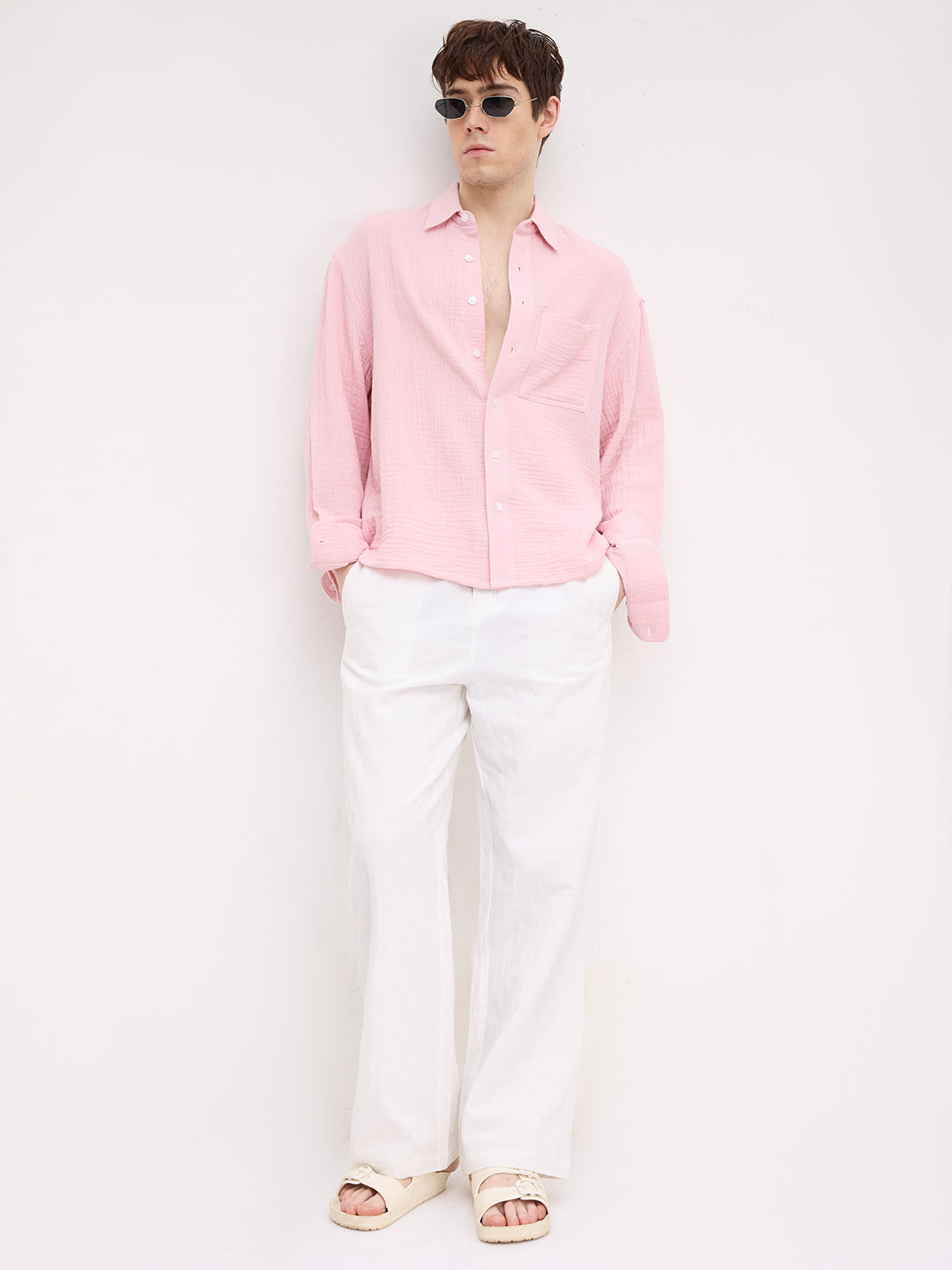 Distinctive Pearl White Architectural Weave Wide Leg Trousers