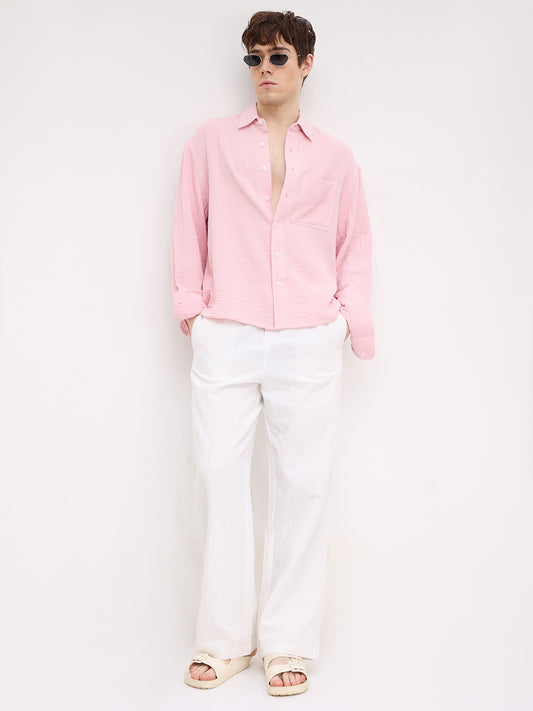 Distinctive Pearl White Architectural Weave Wide Leg Trousers
