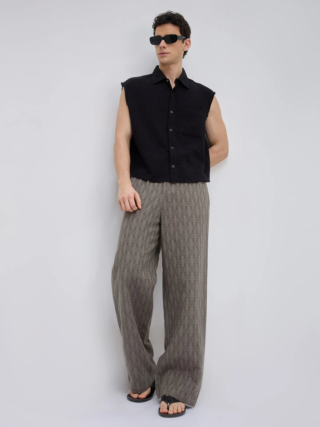 Elevated Grey  Architectural Weave Wide Leg Trousers