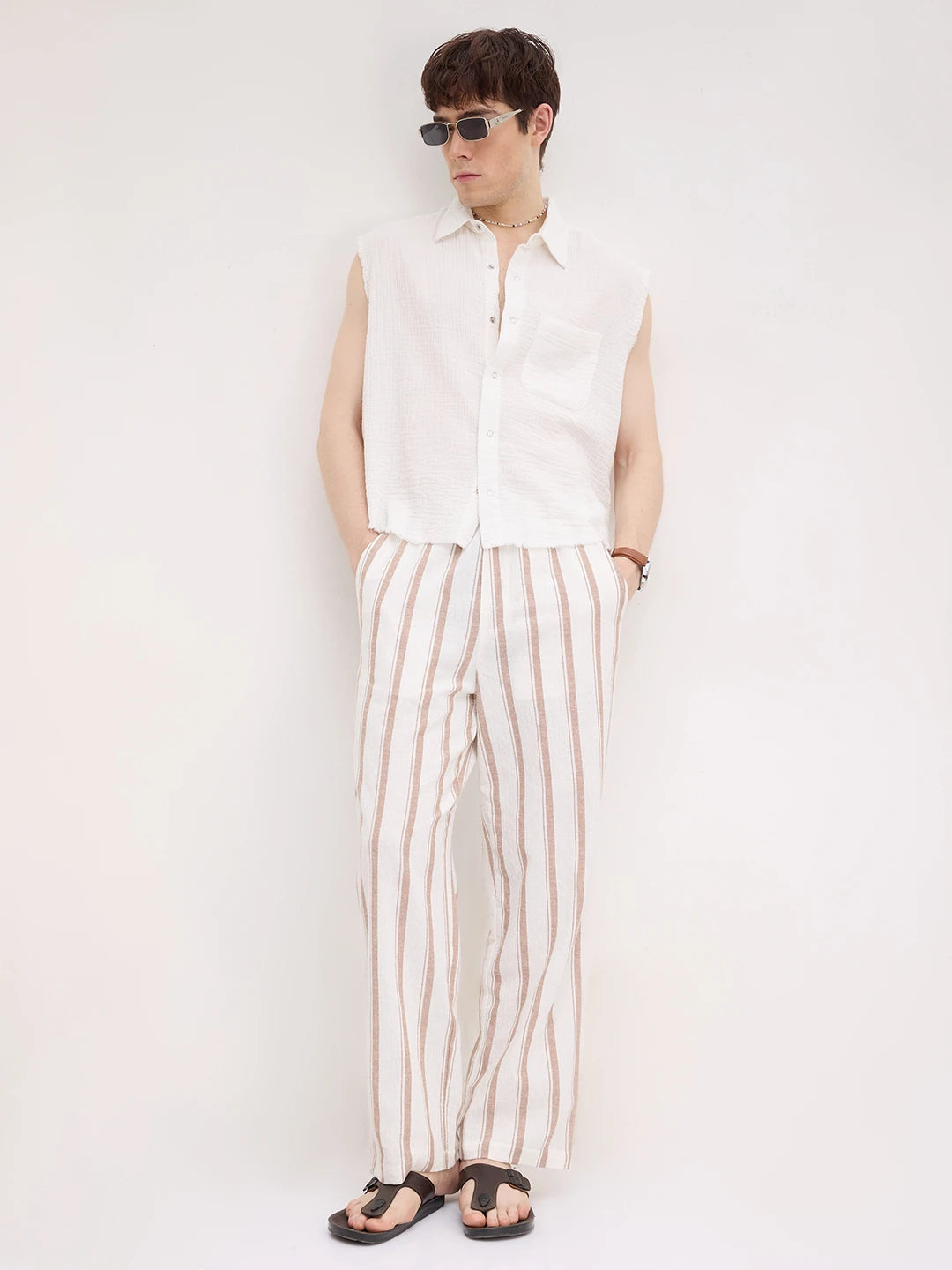 White & Brown Striped Straight Fit Trousers
