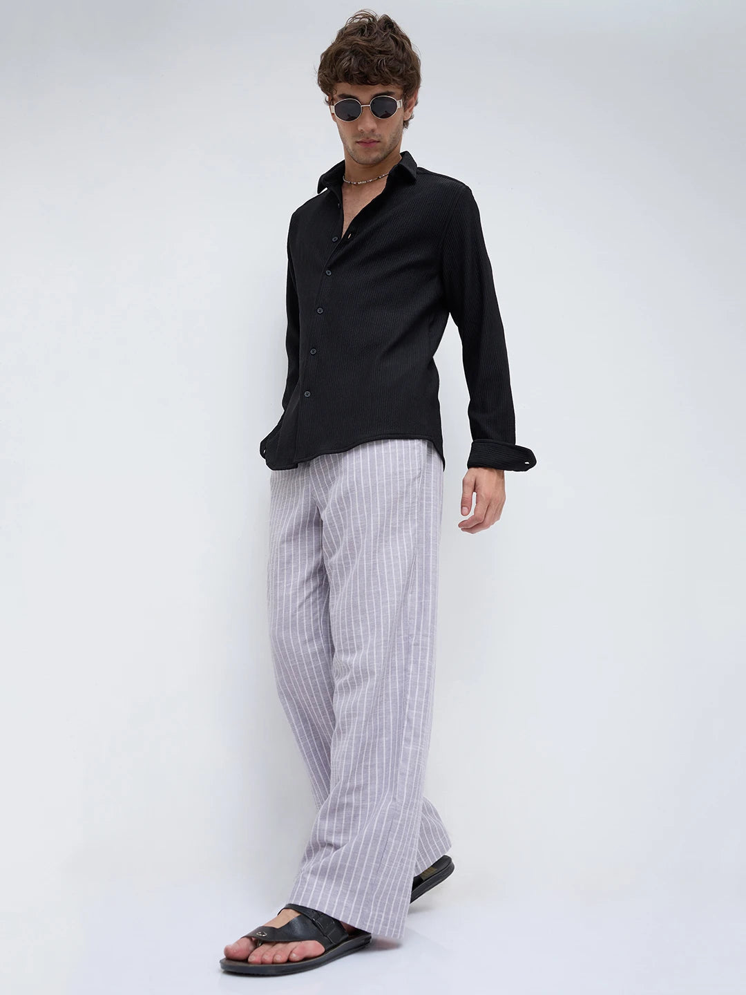 Trendy Mauve Striped Wide Leg Trousers