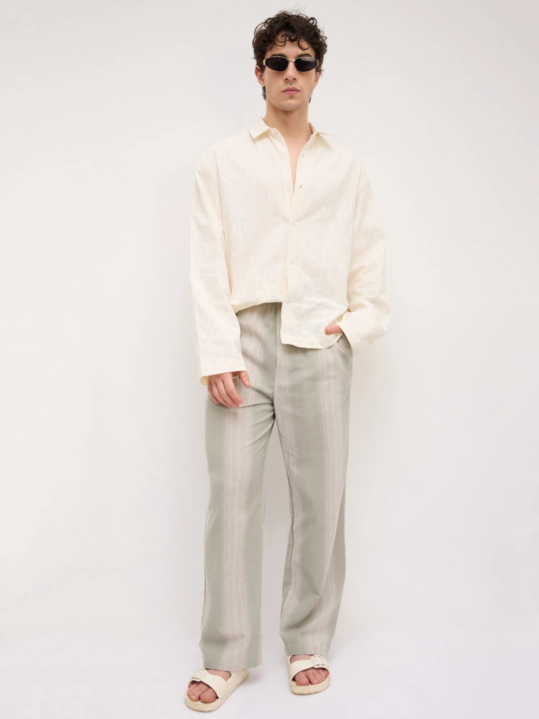 Laurel Green Striped Linen Blend Straight Fit Trousers