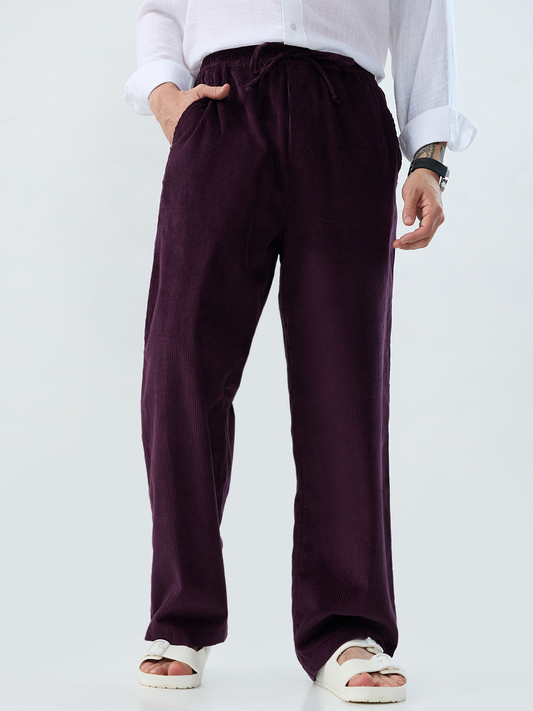 Plush Wine Corduroy Straight-Fit Trousers