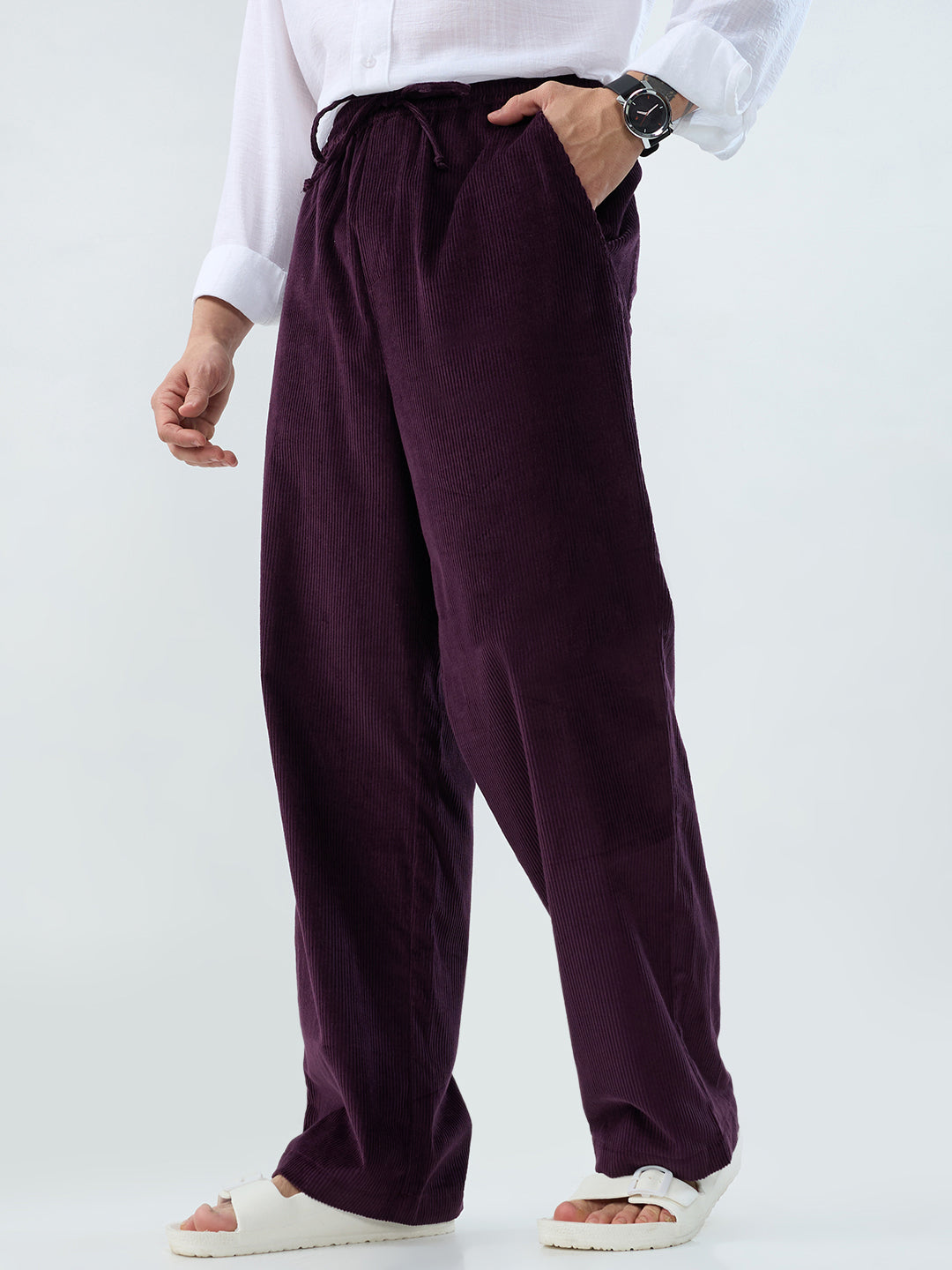 Plush Wine Corduroy Straight-Fit Trousers