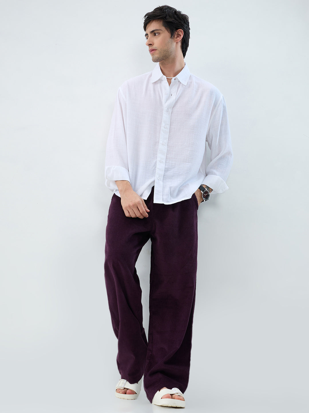 Plush Wine Corduroy Straight-Fit Trousers