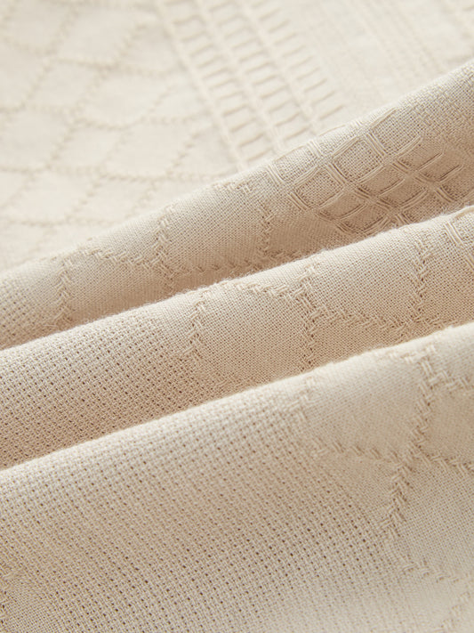 Sand Beige Waffle Textured Straight-Fit Trousers