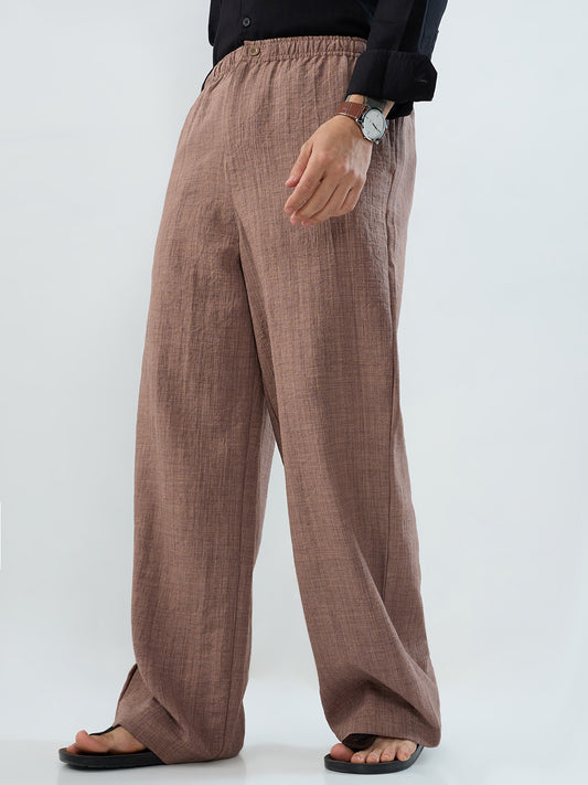 Caramel Brown Slub Textured Wide-Leg Trousers