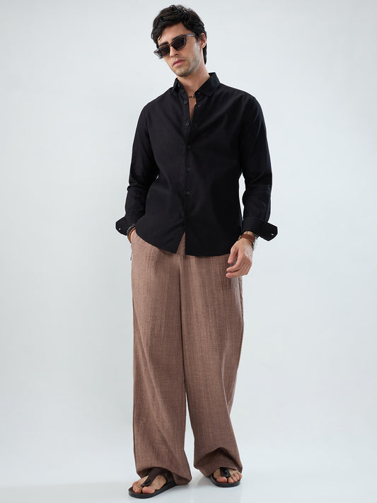 Caramel Brown Slub Textured Wide-Leg Trousers
