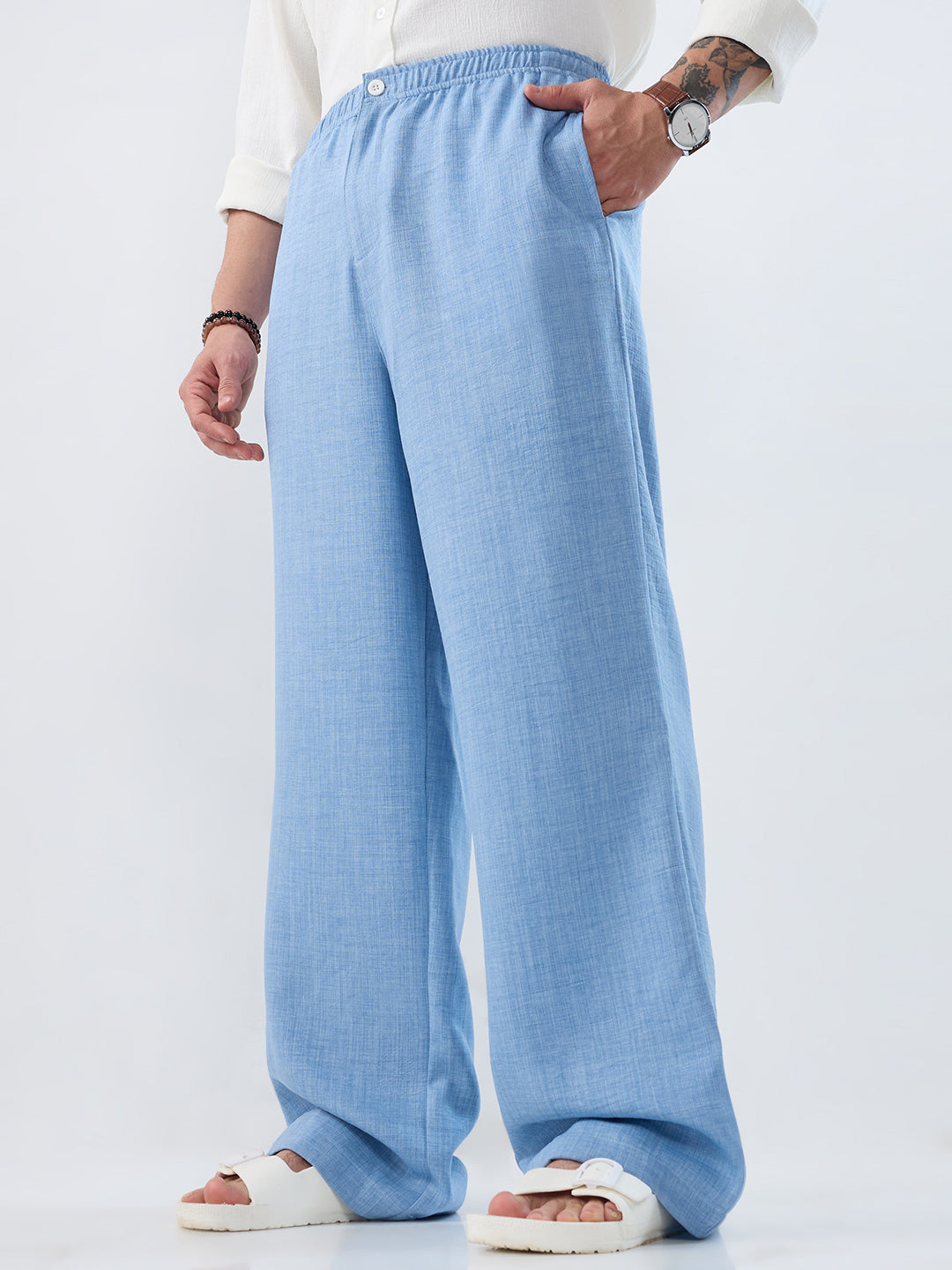 Vivid Sky Blue Slub Textured Wide-Leg Trousers