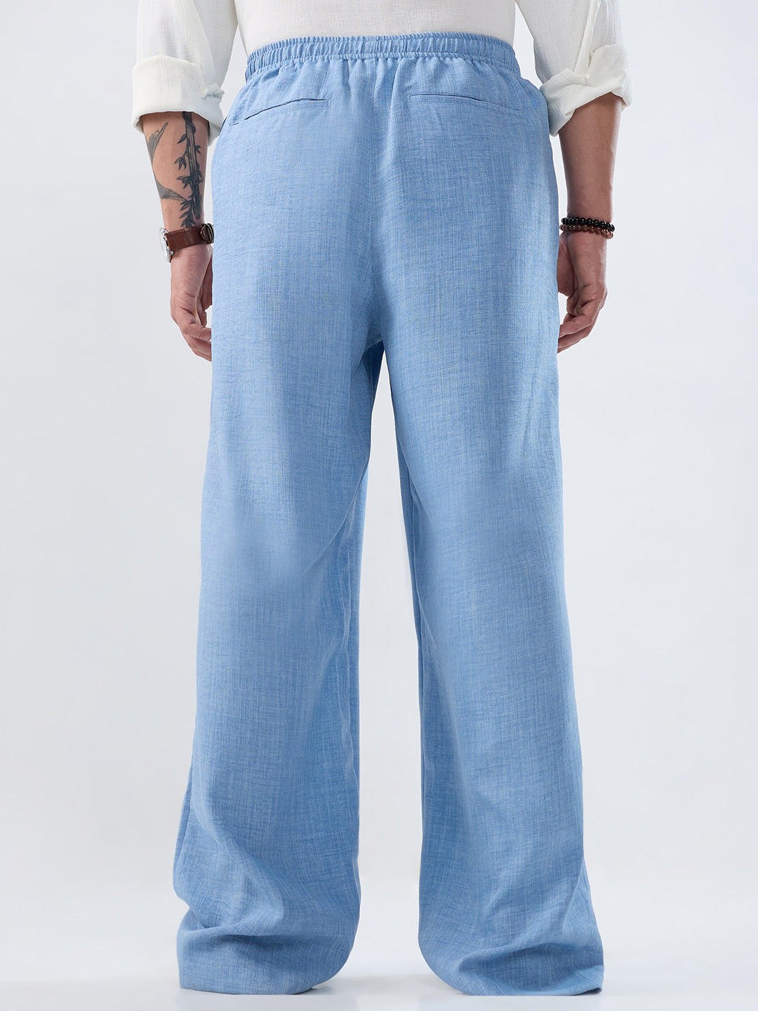 Vivid Sky Blue Slub Textured Wide-Leg Trousers