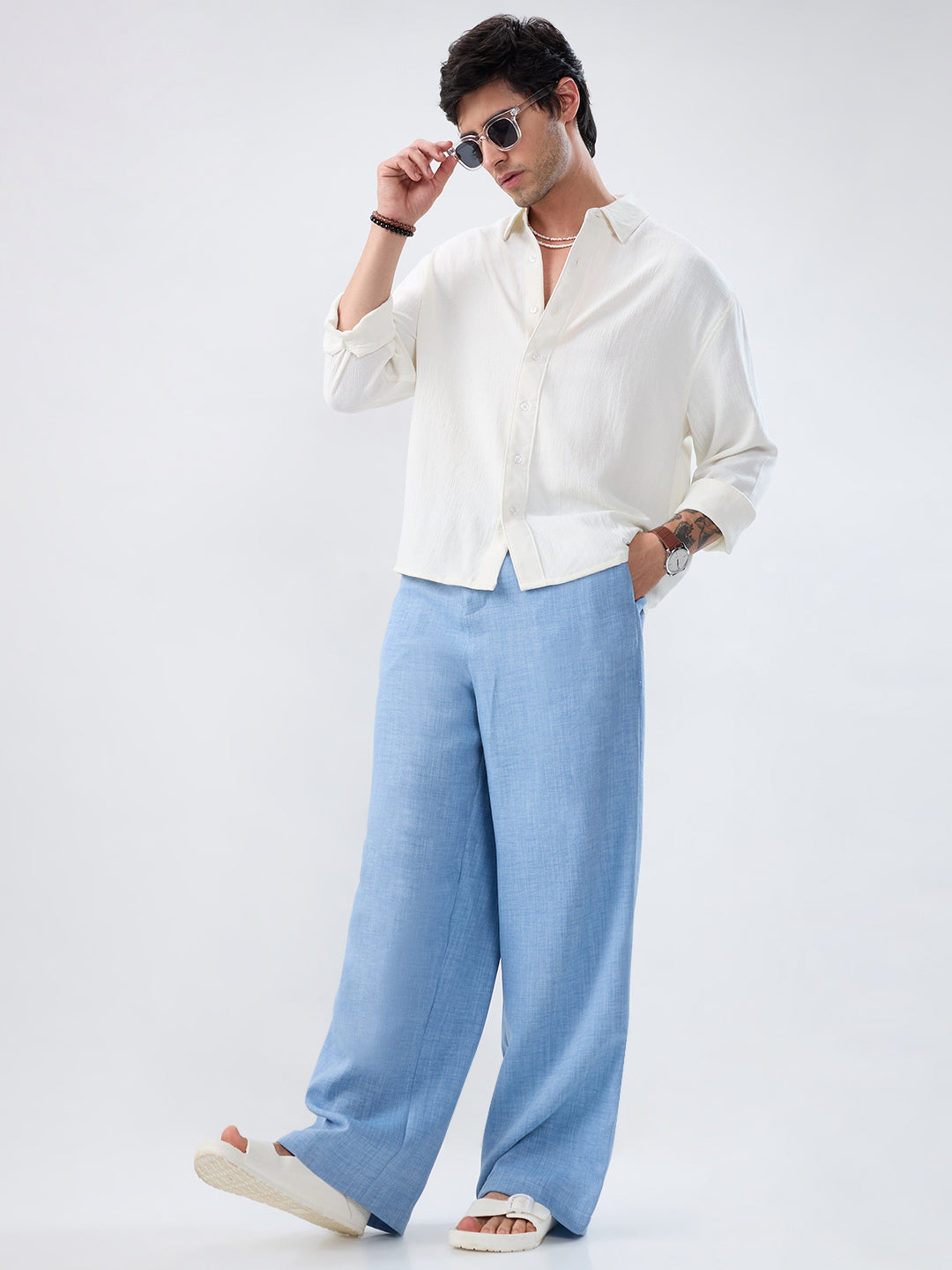 Vivid Sky Blue Slub Textured Wide-Leg Trousers