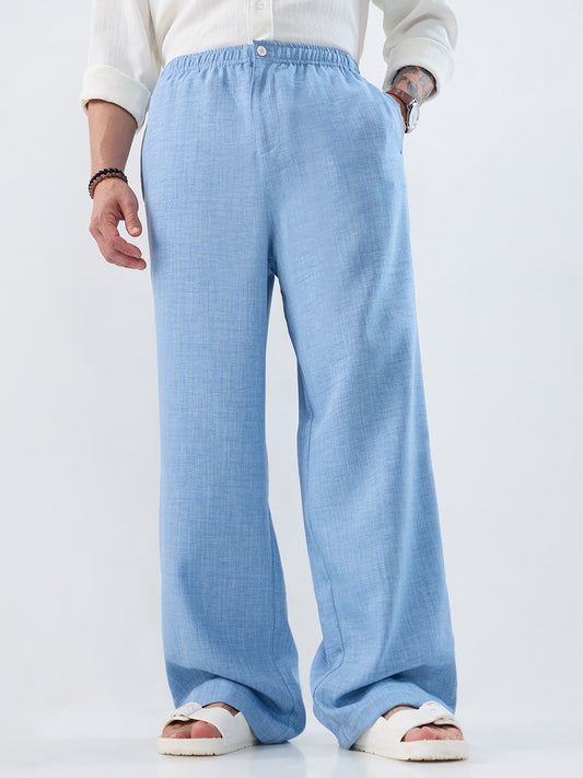 Vivid Sky Blue Slub Textured Wide-Leg Trousers