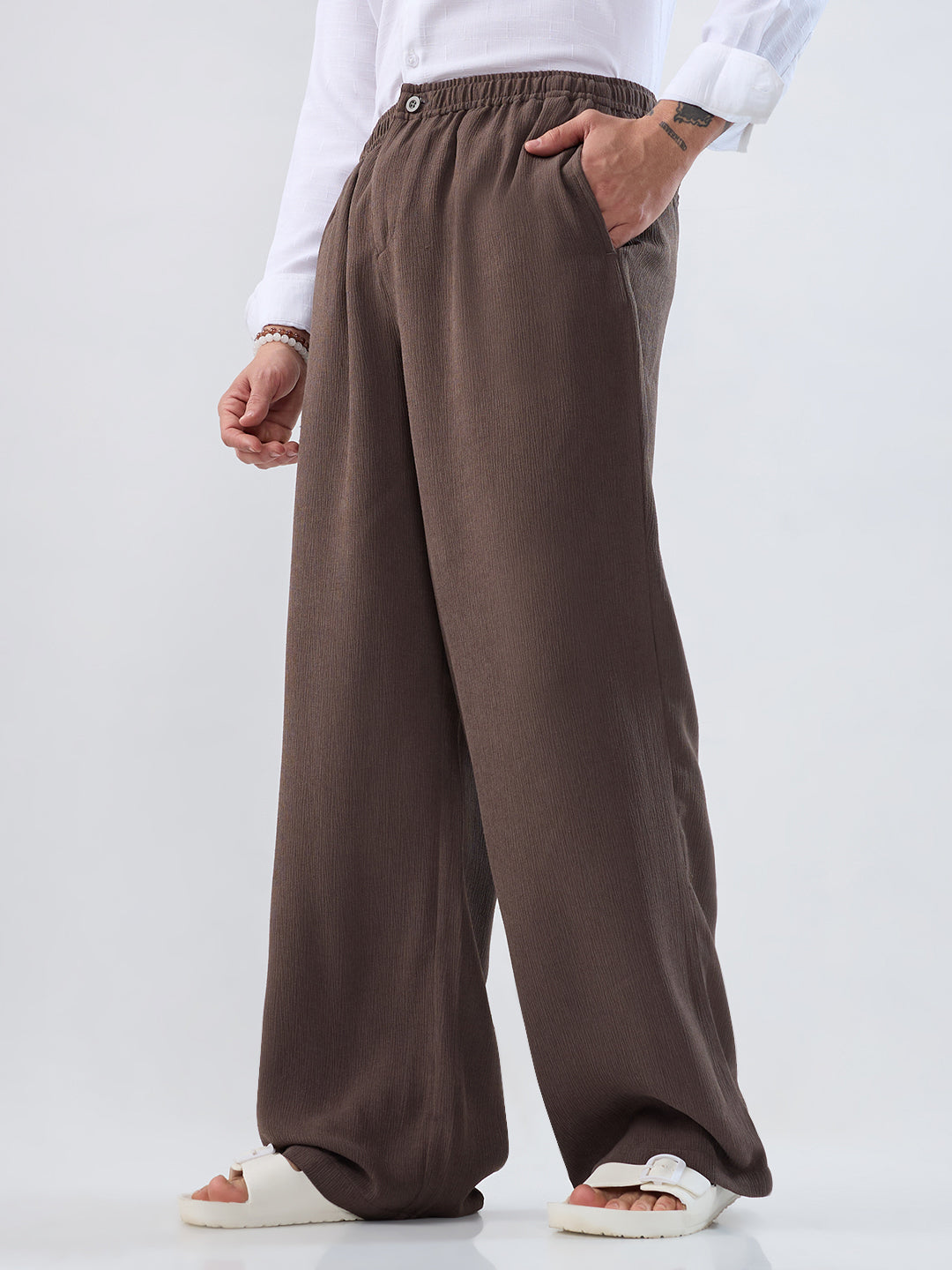 Bark Brown Soft Crepe Wide-Leg Trousers