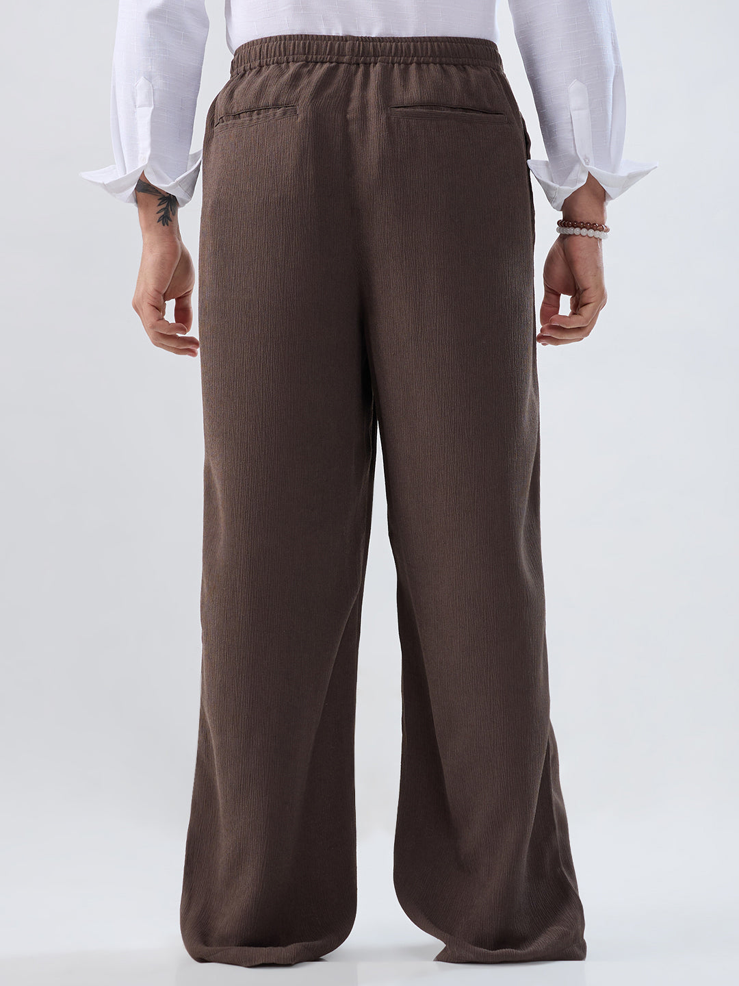 Bark Brown Soft Crepe Wide-Leg Trousers