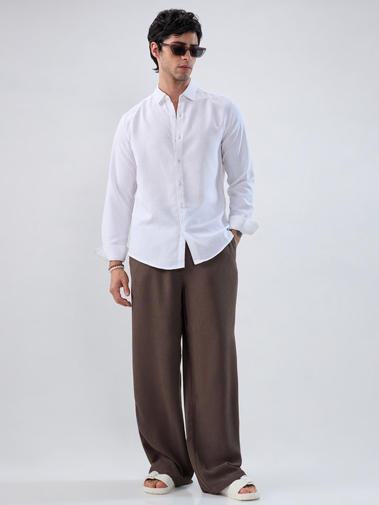 Bark Brown Soft Crepe Wide-Leg Trousers