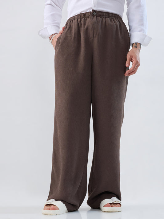 Bark Brown Soft Crepe Wide-Leg Trousers