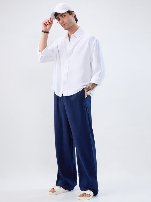 Navy Soft Crepe Wide-Leg Trousers