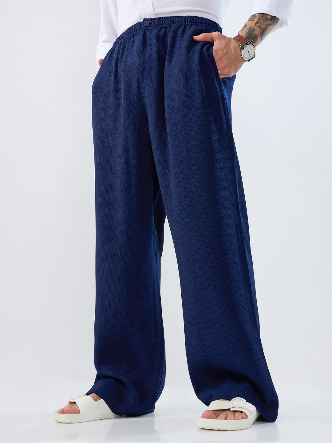 Navy Soft Crepe Wide-Leg Trousers